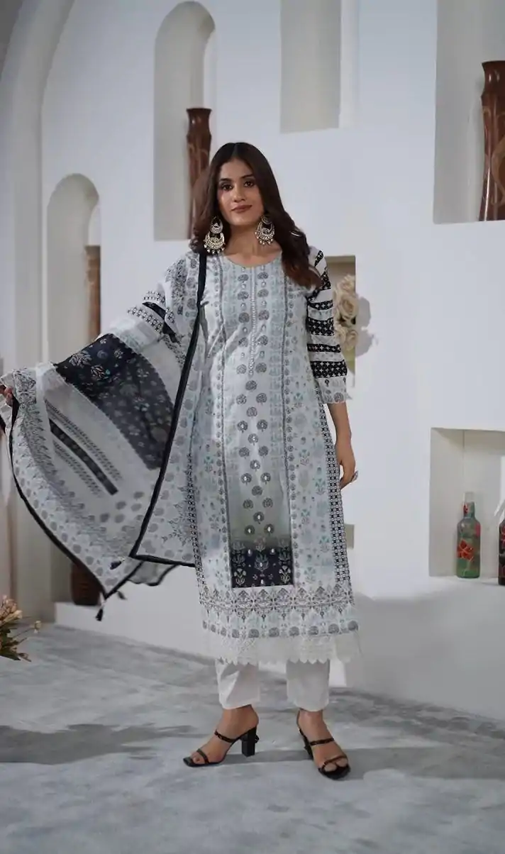DC G54 White Color Maslin Digital Printed Hand Work Salwar Suit Casual, Wedding, Party, Festive, Events Etc. Expected Delivery 4-6 Working Days @1799/- | Casual Suits, Creative suits, Designer Suits, Palazzo Suits, Party Wear Suits, Patiala Suits, Salwar suit, Straight Suits
