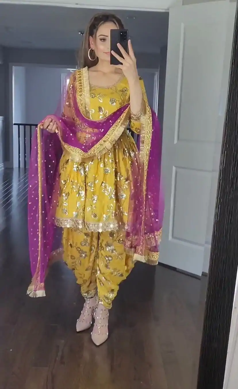 MF 246 Yellow Color Faux Georgette Less Patti Work Sleeve Salwar Suit  Wedding, Party, Festive, Events Etc. Expected 4-6 Working Days @2249/- | Casual Suits, Creative suits, Designer Suits, Palazzo Suits, Party Wear Suits, Patiala Suits, Salwar suit, Straight Suits