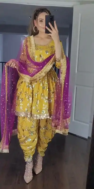 MF 246 Yellow Color Faux Georgette Less Patti Work Sleeve Salwar Suit Wedding, Party, Festive, Events Etc. Expected 4-6 Working Days @2249/- | Casual Suits, Creative suits, Designer Suits, Palazzo Suits, Party Wear Suits, Patiala Suits, Salwar suit, Straight Suits