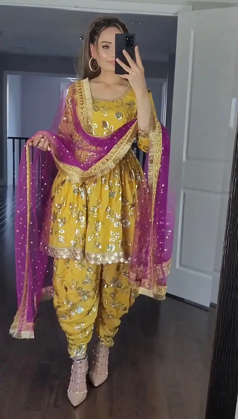 MF 246 Yellow Color Faux Georgette Less Patti Work Sleeve Salwar Suit  Wedding, Party, Festive, Events Etc. Expected 4-6 Working Days @2249/- | Casual Suits, Creative suits, Designer Suits, Palazzo Suits, Party Wear Suits, Patiala Suits, Salwar suit, Straight Suits