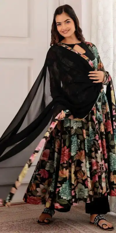 PC 371 Black Color Chant Crepe Digital Printed Work Gown Casual, Party Wear, Events, Festivals Wear Etc. Expected Delivery 4-6 Working Days @1999/- | Bollywood Gowns, Creative Gowns, Designer Gowns, Embroidered Gowns, Gowns, Party Wear Gowns