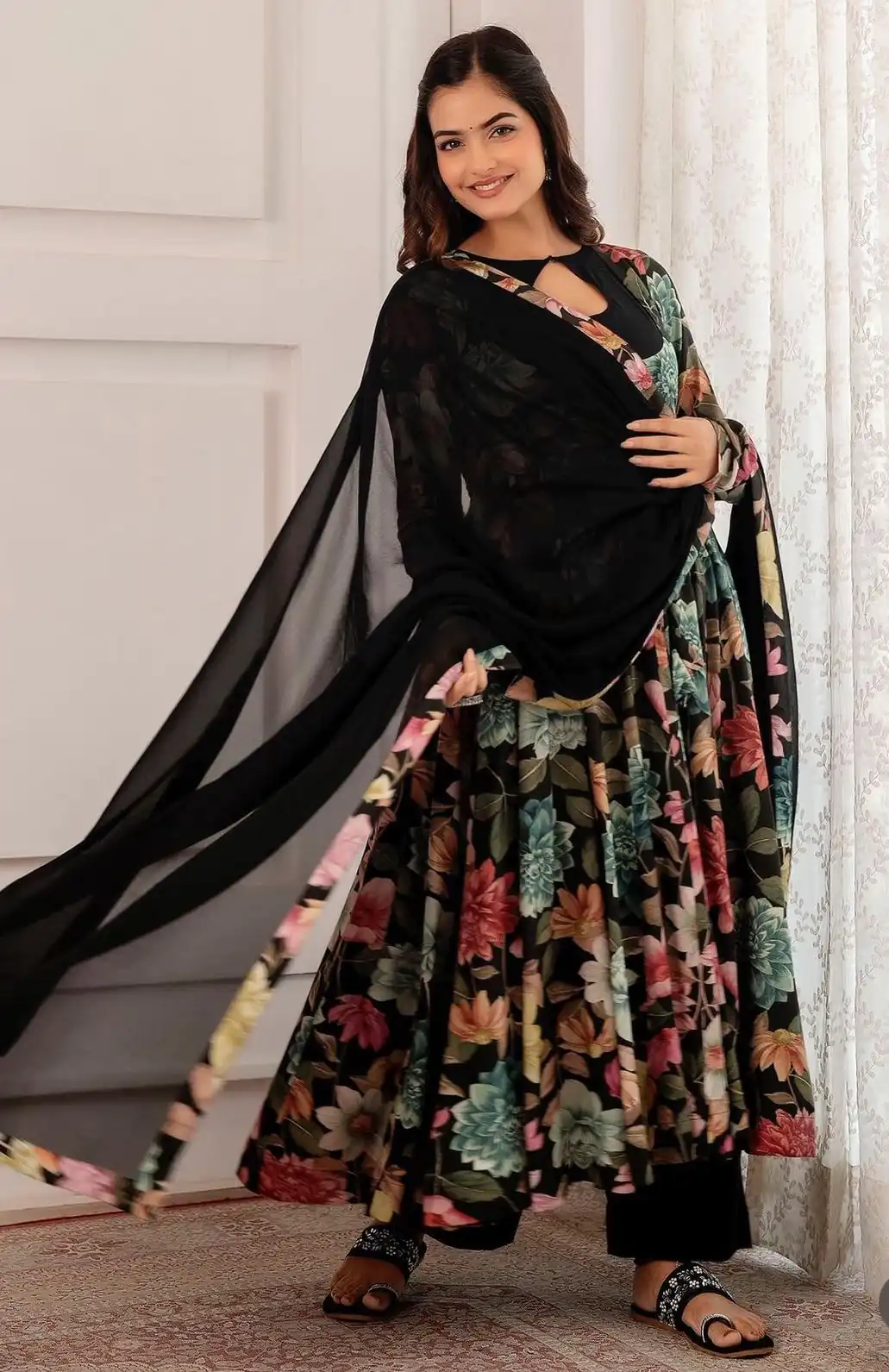 PC 371 Black Color Chant Crepe Digital Printed Work Gown Casual, Party Wear, Events, Festivals Wear Etc. Expected Delivery 4-6 Working Days @1999/- | Bollywood Gowns, Creative Gowns, Designer Gowns, Embroidered Gowns, Gowns, Party Wear Gowns