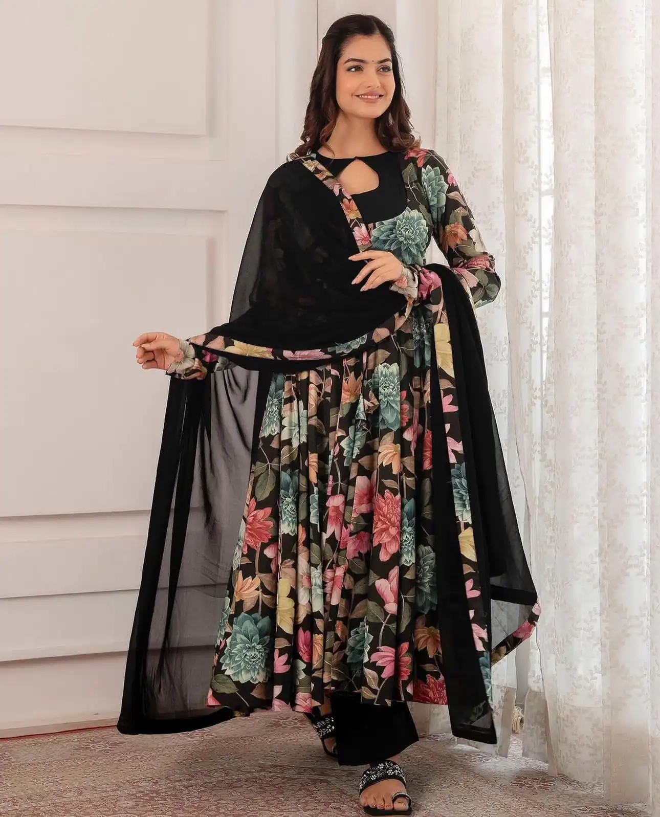 PC 371 Black Color Chant Crepe Digital Printed Work Gown Casual, Party Wear, Events, Festivals Wear Etc. Expected Delivery 4-6 Working Days @1999/- | Bollywood Gowns, Creative Gowns, Designer Gowns, Embroidered Gowns, Gowns, Party Wear Gowns