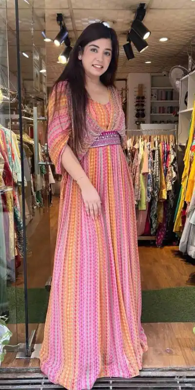 PC 177 Pink Color Georgette Digital Printed Hand Khatli Gown Casual, Party Wear, Events, Festivals Wear Etc. Expected Delivery 4-6 Working Days @2199/- | Bollywood Gowns, Creative Gowns, Designer Gowns, Embroidered Gowns, Gowns, Party Wear Gowns