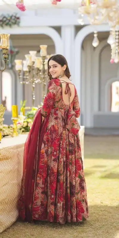 DC G41 Red Color Rayon Digital Printed Full Sleeves Gown Casual, Wedding, Party, Festive, Events Etc. Expected Delivery 4-6 Working Days @1949/- | Bollywood Gowns, Creative Gowns, Designer Gowns, Gowns