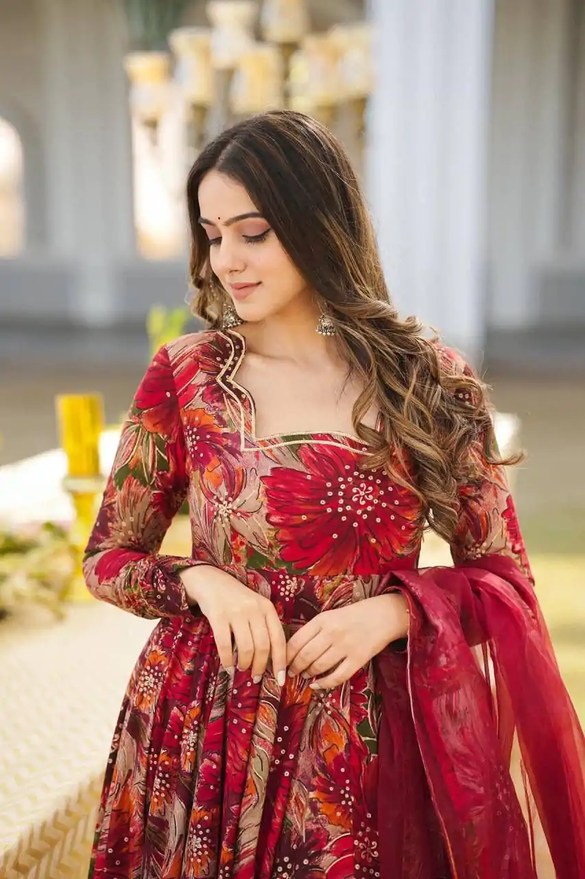 DC G41 Red Color Rayon Digital Printed Full Sleeves Gown Casual, Wedding, Party, Festive, Events Etc. Expected Delivery 4-6 Working Days @1949/- | Bollywood Gowns, Creative Gowns, Designer Gowns, Gowns