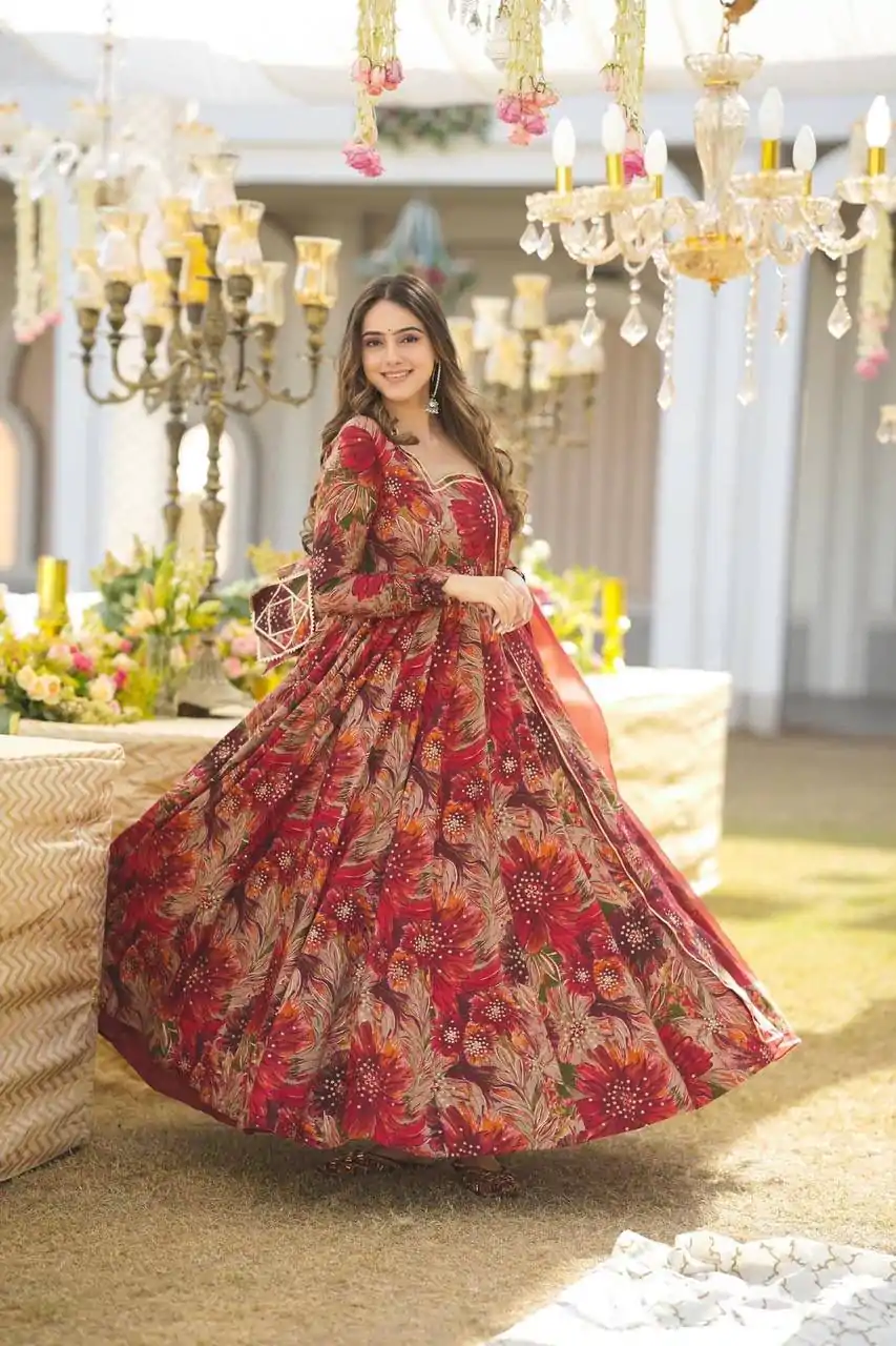 DC G41 Red Color Rayon Digital Printed Full Sleeves Gown Casual, Wedding, Party, Festive, Events Etc. Expected Delivery 4-6 Working Days @1949/- | Bollywood Gowns, Creative Gowns, Designer Gowns, Gowns