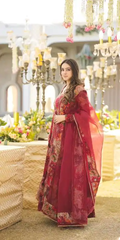DC G41 Red Color Rayon Digital Printed Full Sleeves Gown Casual, Wedding, Party, Festive, Events Etc. Expected Delivery 4-6 Working Days @1949/- | Bollywood Gowns, Creative Gowns, Designer Gowns, Gowns