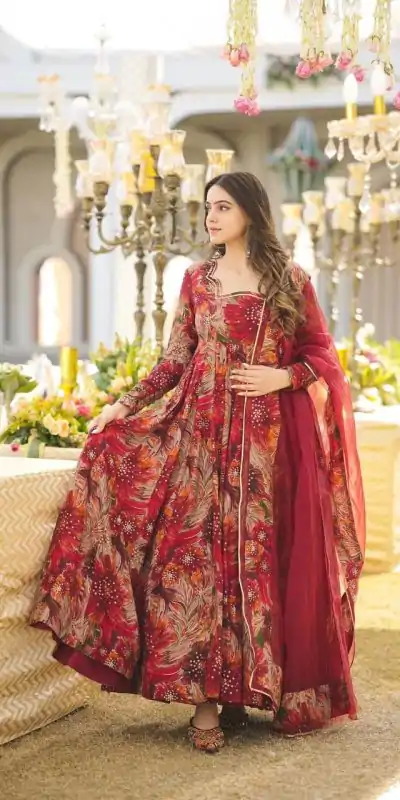 DC G41 Red Color Rayon Digital Printed Full Sleeves Gown Casual, Wedding, Party, Festive, Events Etc. Expected Delivery 4-6 Working Days @1949/- | Bollywood Gowns, Creative Gowns, Designer Gowns, Gowns