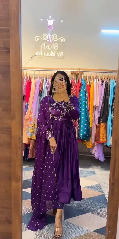 PC 341 Violet Color Chinon Embroidery Thread Work Gown Casual, Party Wear, Events, Festivals Wear Etc. Expected Delivery 4-6 Working Days @1849/- | Bollywood Gowns, Creative Gowns, Designer Gowns, Embroidered Gowns, Gowns, Party Wear Gowns