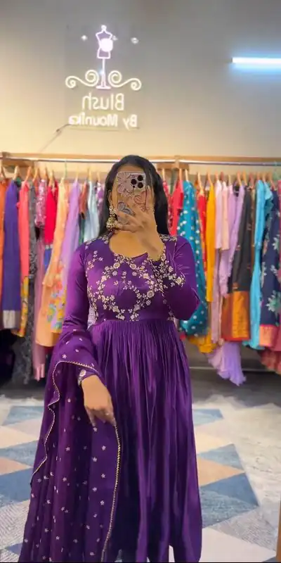 PC 341 Violet Color Chinon Embroidery Thread Work Gown Casual, Party Wear, Events, Festivals Wear Etc. Expected Delivery 4-6 Working Days @1849/- | Bollywood Gowns, Creative Gowns, Designer Gowns, Embroidered Gowns, Gowns, Party Wear Gowns