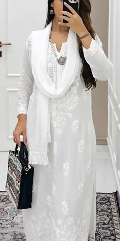 BE 125 White Color Maslin Thread Embroidery Salwar Suit Wedding, Party, Festive events, etc. Expected Delivery 4-6 Working Days @1849/- | Casual Suits, Creative suits, Designer Suits, Palazzo Suits, Party Wear Suits, Patiala Suits, Salwar suit, Straight Suits