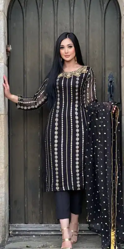 NF 1212 Black color Georgette Embroidery Sequence Salwar Suit Casual, Wedding, Party, Festive, Events . Expected Delivery  4-6 Working Days @2149 | Casual Suits, Creative suits, Designer Suits, Palazzo Suits, Party Wear Suits, Patiala Suits, Salwar suit, Straight Suits