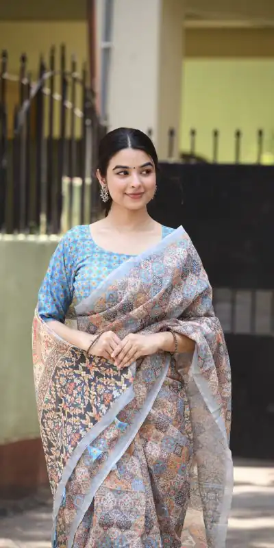 Veechis 110 Grey Color Linen Beautiful Digital Printed Work Saree Casual, Party Festive, Events. Expected Delivery 4-6 Working Days @1549/- | Bollywood Sarees, Creative Sarees, Designer Sarees, Embroidered Sarees, Modern Digital sarees, Party Wear Sarees, Sarees