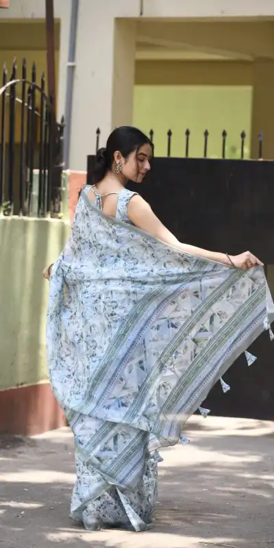 Veechis 110 Light Blue Color Linen Beautiful Digital Printed Work Saree Casual, Party Festive, Events. Expected Delivery 4-6 Working Days @1549/- | Bollywood Sarees, Creative Sarees, Designer Sarees, Embroidered Sarees, Modern Digital sarees, Party Wear Sarees, Sarees