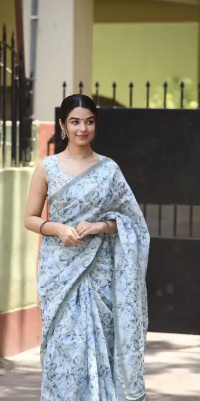 Veechis 110 Light Blue Color Linen Beautiful Digital Printed Work Saree Casual, Party Festive, Events. Expected Delivery 4-6 Working Days @1549/- | Bollywood Sarees, Creative Sarees, Designer Sarees, Embroidered Sarees, Modern Digital sarees, Party Wear Sarees, Sarees