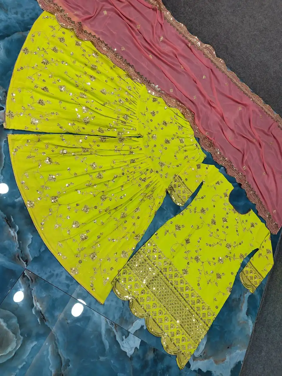 SR 1442 Parrot Green Color Heavy Georgette Embroidery Work Sharara Suit Wedding, Party, Festive, Events Etc. Expected Delivery 4-6 Working Days @1949/- | Casual Suits, Creative suits, Designer Suits, Palazzo Suits, Party Wear Suits, Salwar suit, Straight Suits