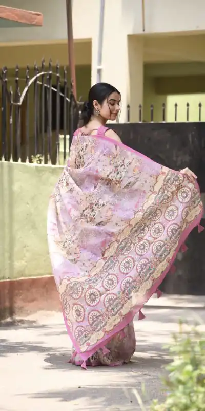 Veechis 110 Pink Color Linen Beautiful Digital Printed Work Saree Casual, Party Festive, Events. Expected Delivery 4-6 Working Days @1549/- | Bollywood Sarees, Creative Sarees, Designer Sarees, Embroidered Sarees, Modern Digital sarees, Party Wear Sarees, Sarees