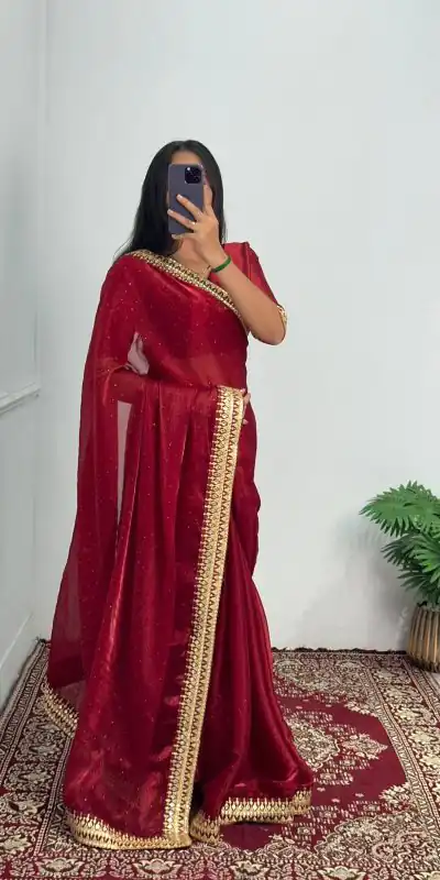 ST 470 Red Color Burberry Foil And Zari Embroidery Work Saree Casual, Wedding, Party, Festive, Events Etc. Expected Delivery 4-6 Working Days @1799/- | Bollywood Sarees, Creative Sarees, Designer Sarees, Embroidered Sarees, Ethnic Saree, Modern Digital sarees, Party Wear Sarees, Sarees