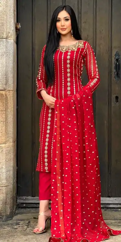 NF 1212 Red color Georgette Embroidery Sequence Salwar Suit Casual, Wedding, Party, Festive, Events . Expected Delivery  4-6 Working Days @2149 | Casual Suits, Creative suits, Designer Suits, Palazzo Suits, Party Wear Suits, Patiala Suits, Salwar suit, Straight Suits