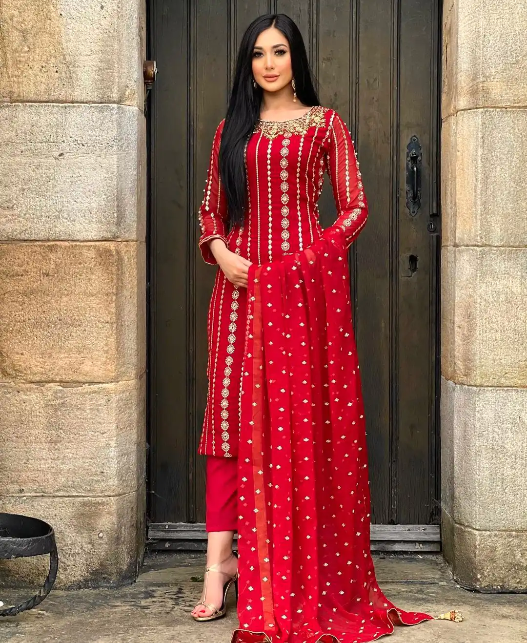 NF 1212 Red color Georgette Embroidery Sequence Salwar Suit Casual, Wedding, Party, Festive, Events . Expected Delivery  4-6 Working Days @2149 | Casual Suits, Creative suits, Designer Suits, Palazzo Suits, Party Wear Suits, Patiala Suits, Salwar suit, Straight Suits