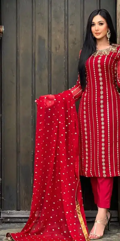 NF 1212 Red color Georgette Embroidery Sequence Salwar Suit Casual, Wedding, Party, Festive, Events . Expected Delivery  4-6 Working Days @2149 | Casual Suits, Creative suits, Designer Suits, Palazzo Suits, Party Wear Suits, Patiala Suits, Salwar suit, Straight Suits