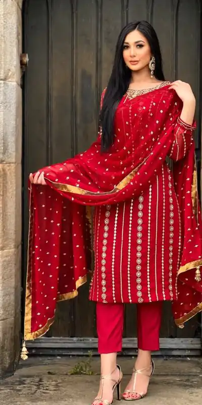 NF 1212 Red color Georgette Embroidery Sequence Salwar Suit Casual, Wedding, Party, Festive, Events . Expected Delivery  4-6 Working Days @2149 | Casual Suits, Creative suits, Designer Suits, Palazzo Suits, Party Wear Suits, Patiala Suits, Salwar suit, Straight Suits