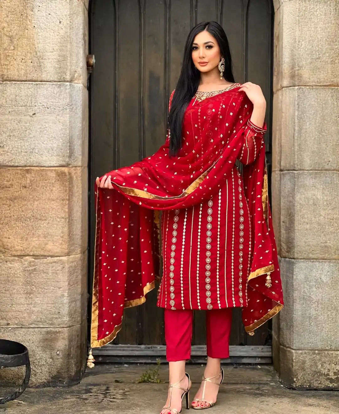 NF 1212 Red color Georgette Embroidery Sequence Salwar Suit Casual, Wedding, Party, Festive, Events . Expected Delivery  4-6 Working Days @2149 | Casual Suits, Creative suits, Designer Suits, Palazzo Suits, Party Wear Suits, Patiala Suits, Salwar suit, Straight Suits