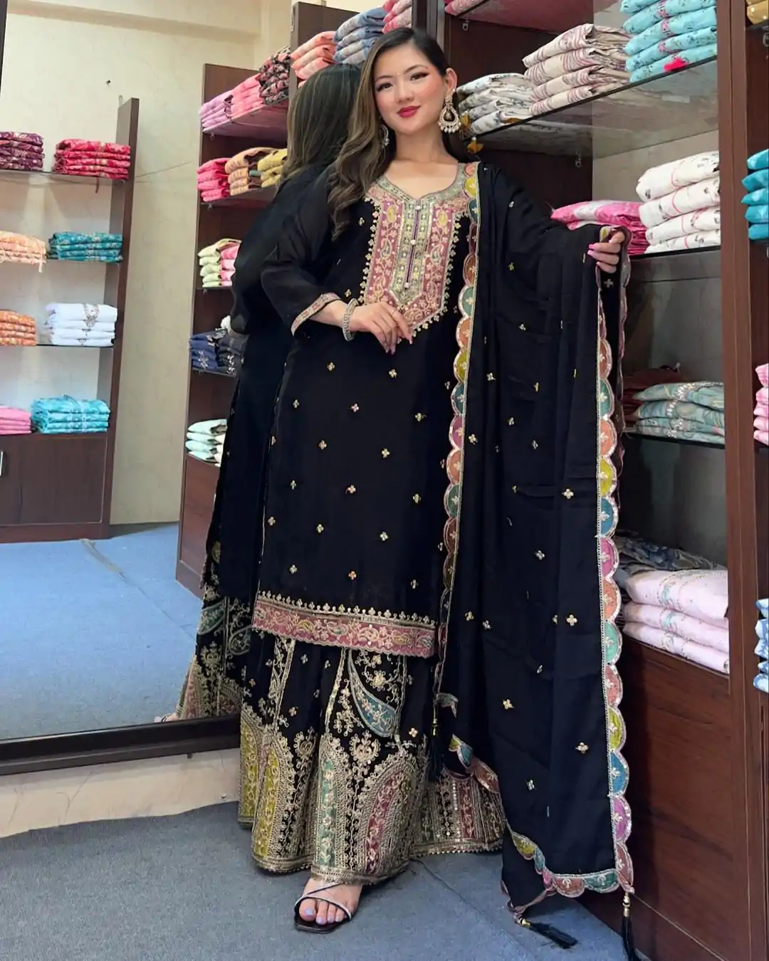 ZF 377 Black Color Chinnon Silk Embroidery Sequence Salwar Suit Casual, Wedding, Party, Events Etc. Expected Delivery 4-6 Working Days 2499/- | Jump Suits, Casual Suits, Creative suits, Designer Suits, Palazzo Suits, Party Wear Suits, Patiala Suits, Salwar suit, Straight Suits