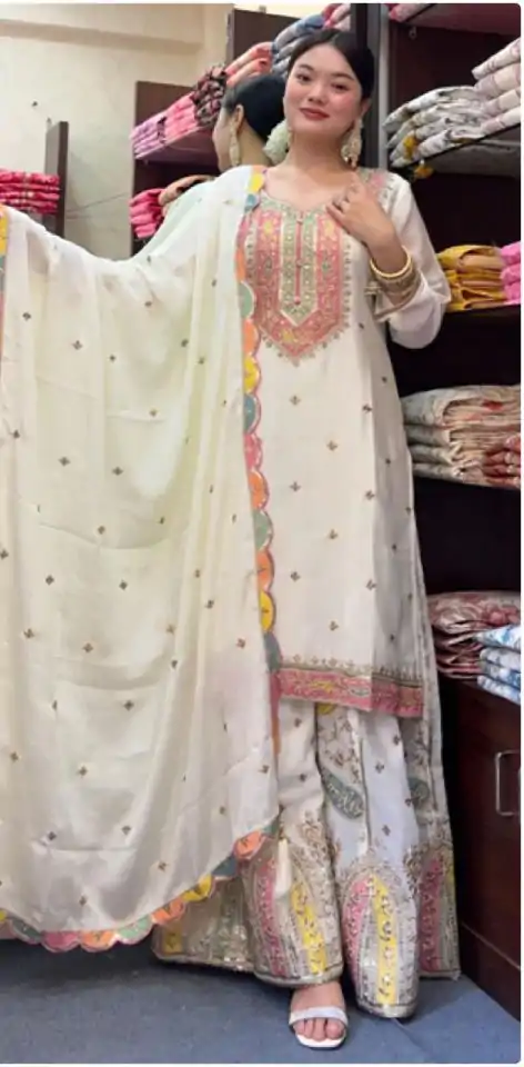 ZF 377 White Color Chinnon Silk Embroidery Sequence Salwar Suit Casual, Wedding, Party, Events Etc. Expected Delivery 4-6 Working Days 2499/- | Jump Suits, Casual Suits, Creative suits, Designer Suits, Palazzo Suits, Party Wear Suits, Patiala Suits, Salwar suit, Straight Suits