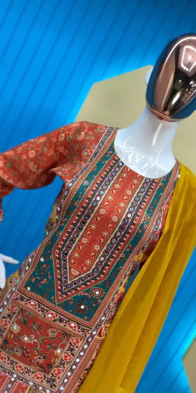 LG 1848 Orange Color Maslin Printed And Real Mirror Salwar Suit Casual, Wedding, Festive, Events Expected Delivery 4-6 Working Days @1949/- | Casual Suits, Creative suits, Designer Suits, Palazzo Suits, Party Wear Suits, Patiala Suits, Salwar suit, Straight Suits