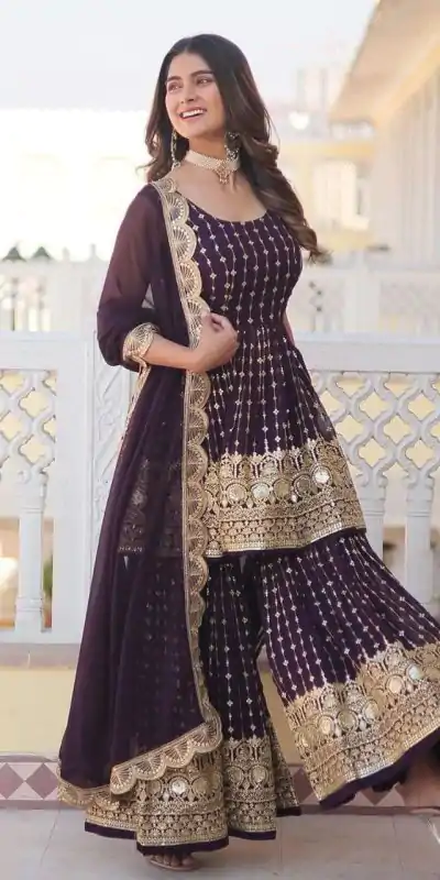 DC G52 Wine Color Georgette Sequence Embroidery Gown Casual, Wedding, Party, Festive, Events Etc. Expected Delivery 4-6 Working Days @2499/- | Jump Suits, Casual Suits, Creative suits, Designer Suits, Palazzo Suits, Party Wear Suits, Patiala Suits, Salwar suit, Straight Suits