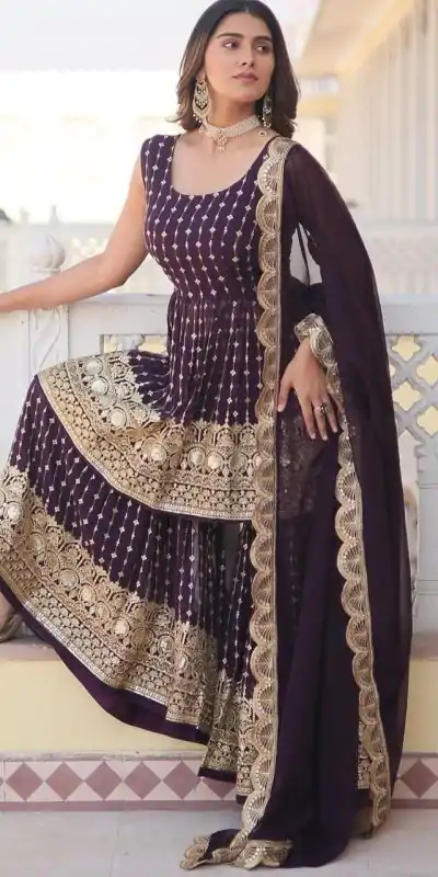 DC G52 Wine Color Georgette Sequence Embroidery Gown Casual, Wedding, Party, Festive, Events Etc. Expected Delivery 4-6 Working Days @2499/- | Jump Suits, Casual Suits, Creative suits, Designer Suits, Palazzo Suits, Party Wear Suits, Patiala Suits, Salwar suit, Straight Suits