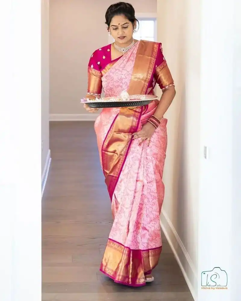 SC Niyati silk Pink Color Soft Silk Golden And Silver Zari Design Saree Casual, Party Wear, Events, Festivals Etc. Expected Delivery 4-6 Working Days 1599/- | Bollywood Sarees, Creative Sarees, Designer Sarees, Embroidered Sarees, Ethnic Saree, Modern Digital sarees, Party Wear Sarees, Sarees