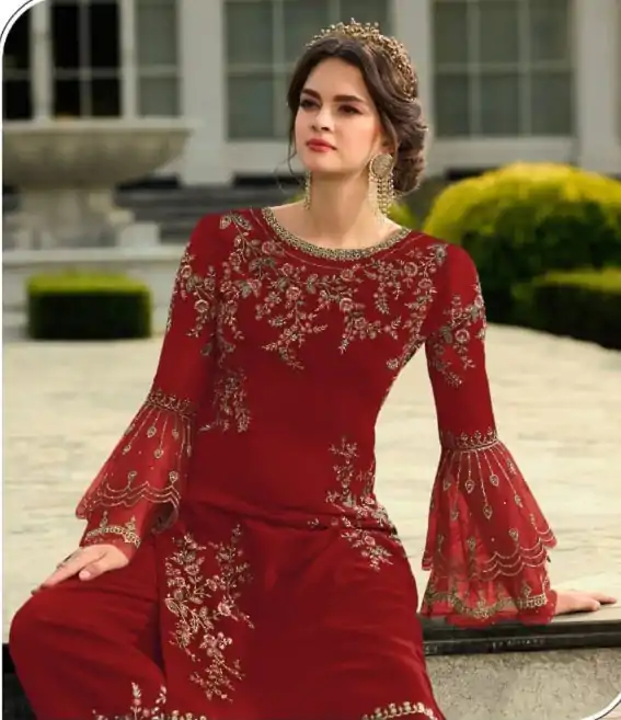 DS 0022832 Red color Georgette Embroidered Sequence Salwar Suit Casual, Wedding, Party, Festive, Events . Expected Delivery  4-6 Working Days @1899/- | Casual Suits, Creative suits, Designer Suits, Palazzo Suits, Party Wear Suits, Patiala Suits, Salwar suit, Straight Suits