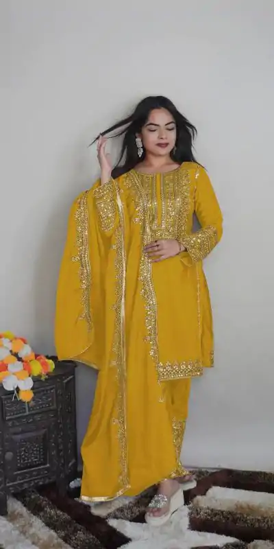 SRK 5151 Yellow Color Pure Chinnon Silk Embroidery Sequence Salwar Suit Wedding, Party, Festive, Events Expected Delivery 4-6 Working Days @ 1949/- | Jump Suits, Casual Suits, Creative suits, Designer Suits, Palazzo Suits, Party Wear Suits, Patiala Suits, Salwar suit, Straight Suits