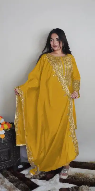 SRK 5151 Yellow Color Pure Chinnon Silk Embroidery Sequence Salwar Suit Wedding, Party, Festive, Events Expected Delivery 4-6 Working Days @ 1949/- | Jump Suits, Casual Suits, Creative suits, Designer Suits, Palazzo Suits, Party Wear Suits, Patiala Suits, Salwar suit, Straight Suits