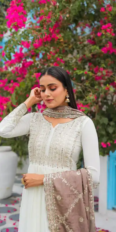 AD157 White & Beige Color Chinon Silk Embroidery Sequence Salwar Suit Wedding, Party, Festive, Events Expected Delivery 4-6 Working Days @ 2099/- | Casual Suits, Creative suits, Designer Suits, Palazzo Suits, Party Wear Suits, Patiala Suits, Salwar suit, Straight Suits
