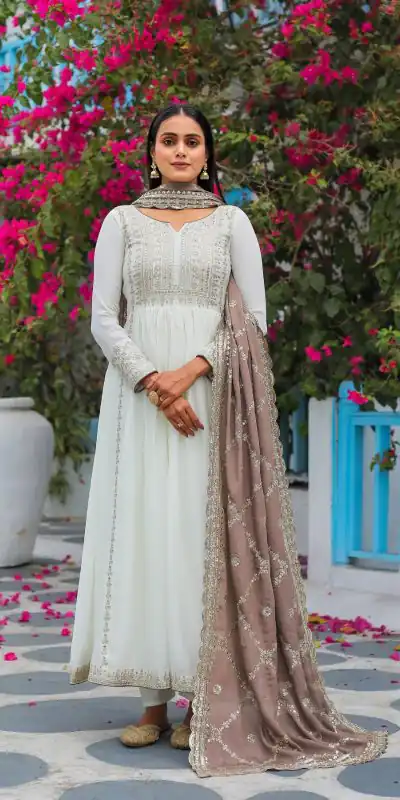 AD157 White & Beige Color Chinon Silk Embroidery Sequence Salwar Suit Wedding, Party, Festive, Events Expected Delivery 4-6 Working Days @ 2099/- | Casual Suits, Creative suits, Designer Suits, Palazzo Suits, Party Wear Suits, Patiala Suits, Salwar suit, Straight Suits