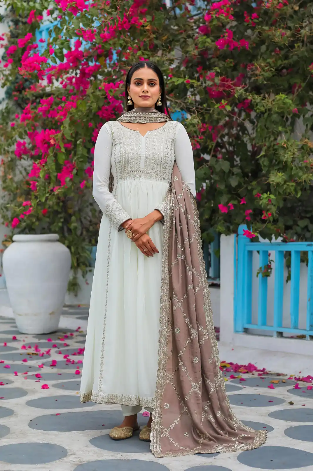 AD157 White & Beige Color Chinon Silk Embroidery Sequence Salwar Suit Wedding, Party, Festive, Events Expected Delivery 4-6 Working Days @ 2099/- | Casual Suits, Creative suits, Designer Suits, Palazzo Suits, Party Wear Suits, Patiala Suits, Salwar suit, Straight Suits