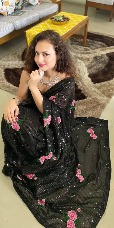 AC SEQUENCE Black Color Georgette Sequence Multi Thread Work Saree Casual, Wedding, Festive, Events Expected Delivery 4-6 Working Days @1899 /- | Bollywood Sarees, Creative Sarees, Designer Sarees, Embroidered Sarees, Ethnic Saree, Modern Digital sarees, Party Wear Sarees, Sarees