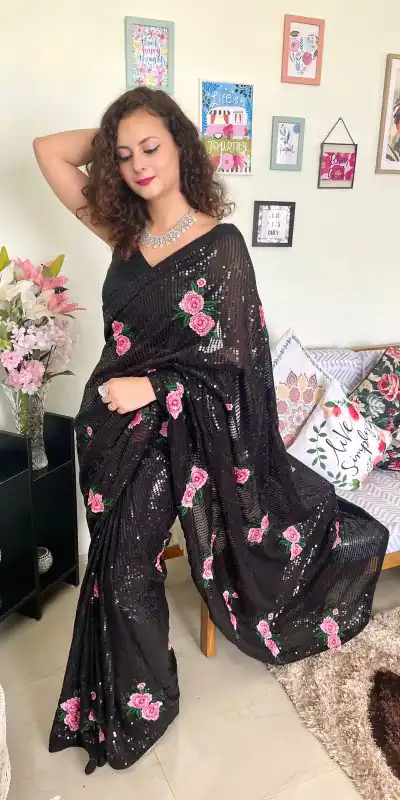 AC SEQUENCE Black Color Georgette Sequence Multi Thread Work Saree Casual, Wedding, Festive, Events Expected Delivery 4-6 Working Days @1899 /- | Bollywood Sarees, Creative Sarees, Designer Sarees, Embroidered Sarees, Ethnic Saree, Modern Digital sarees, Party Wear Sarees, Sarees