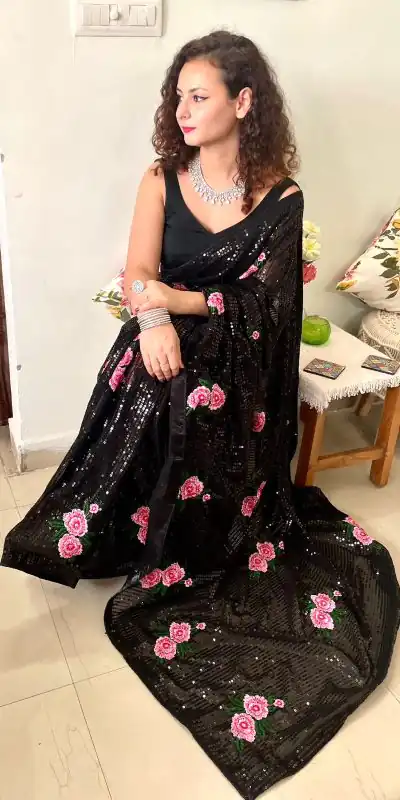 AC SEQUENCE Black Color Georgette Sequence Multi Thread Work Saree Casual, Wedding, Festive, Events Expected Delivery 4-6 Working Days @1899 /- | Bollywood Sarees, Creative Sarees, Designer Sarees, Embroidered Sarees, Ethnic Saree, Modern Digital sarees, Party Wear Sarees, Sarees
