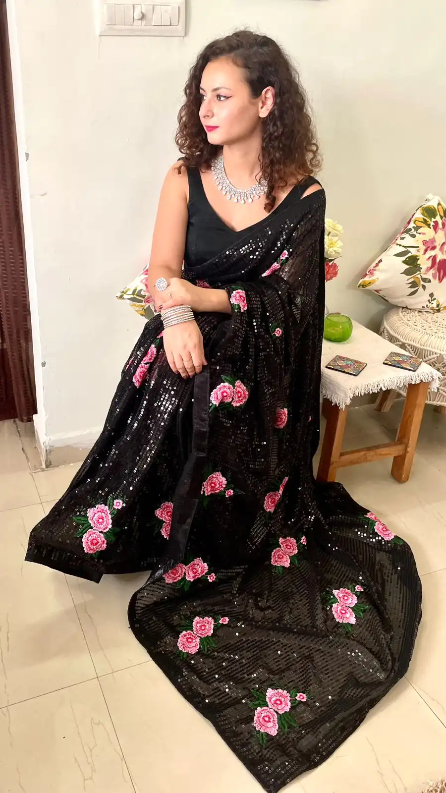 AC SEQUENCE Black  Color Georgette Sequence Multi Thread Work Saree Casual, Wedding, Festive, Events Expected Delivery 4-6 Working Days @1899 /- | Bollywood Sarees, Creative Sarees, Designer Sarees, Embroidered Sarees, Ethnic Saree, Modern Digital sarees, Party Wear Sarees, Sarees