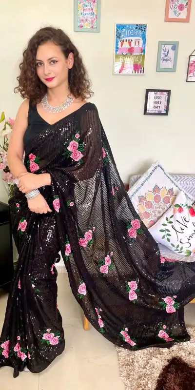 AC SEQUENCE Black Color Georgette Sequence Multi Thread Work Saree Casual, Wedding, Festive, Events Expected Delivery 4-6 Working Days @1899 /- | Bollywood Sarees, Creative Sarees, Designer Sarees, Embroidered Sarees, Ethnic Saree, Modern Digital sarees, Party Wear Sarees, Sarees