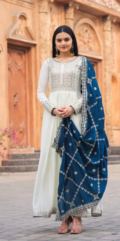 AD157 White & Blue Color Chinon Silk Embroidery Sequence Salwar Suit Wedding, Party, Festive, Events Expected Delivery 4-6 Working Days @ 2099/- | Casual Suits, Creative suits, Designer Suits, Palazzo Suits, Party Wear Suits, Patiala Suits, Salwar suit, Straight Suits