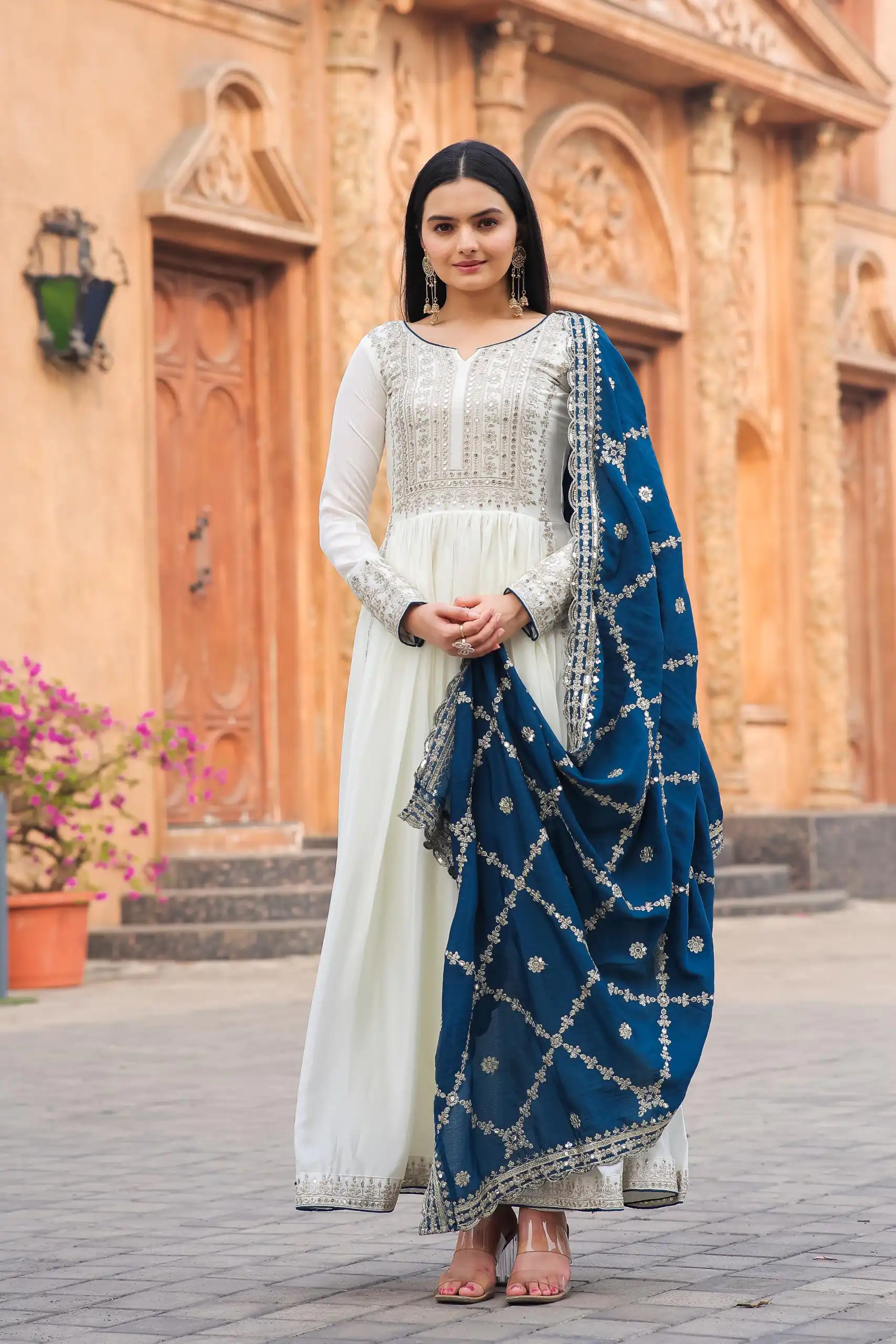 AD157 White & Blue Color Chinon Silk Embroidery Sequence Salwar Suit Wedding, Party, Festive, Events Expected Delivery 4-6 Working Days @ 2099/- | Casual Suits, Creative suits, Designer Suits, Palazzo Suits, Party Wear Suits, Patiala Suits, Salwar suit, Straight Suits