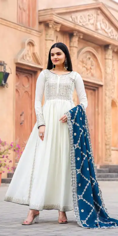AD157 White & Blue Color Chinon Silk Embroidery Sequence Salwar Suit Wedding, Party, Festive, Events Expected Delivery 4-6 Working Days @ 2099/- | Casual Suits, Creative suits, Designer Suits, Palazzo Suits, Party Wear Suits, Patiala Suits, Salwar suit, Straight Suits