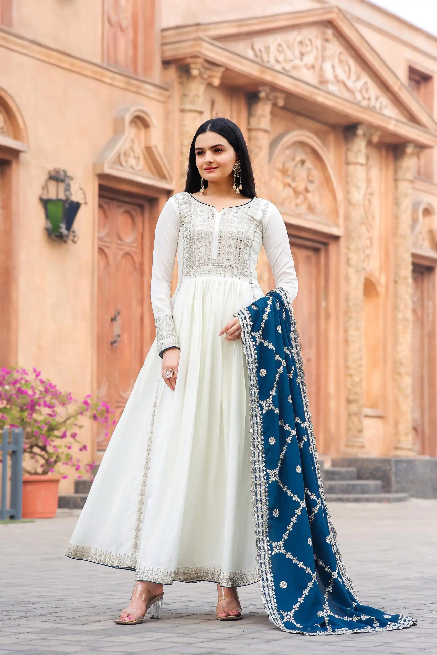 AD157 White & Blue Color Chinon Silk Embroidery Sequence Salwar Suit Wedding, Party, Festive, Events Expected Delivery 4-6 Working Days @ 2099/- | Casual Suits, Creative suits, Designer Suits, Palazzo Suits, Party Wear Suits, Patiala Suits, Salwar suit, Straight Suits