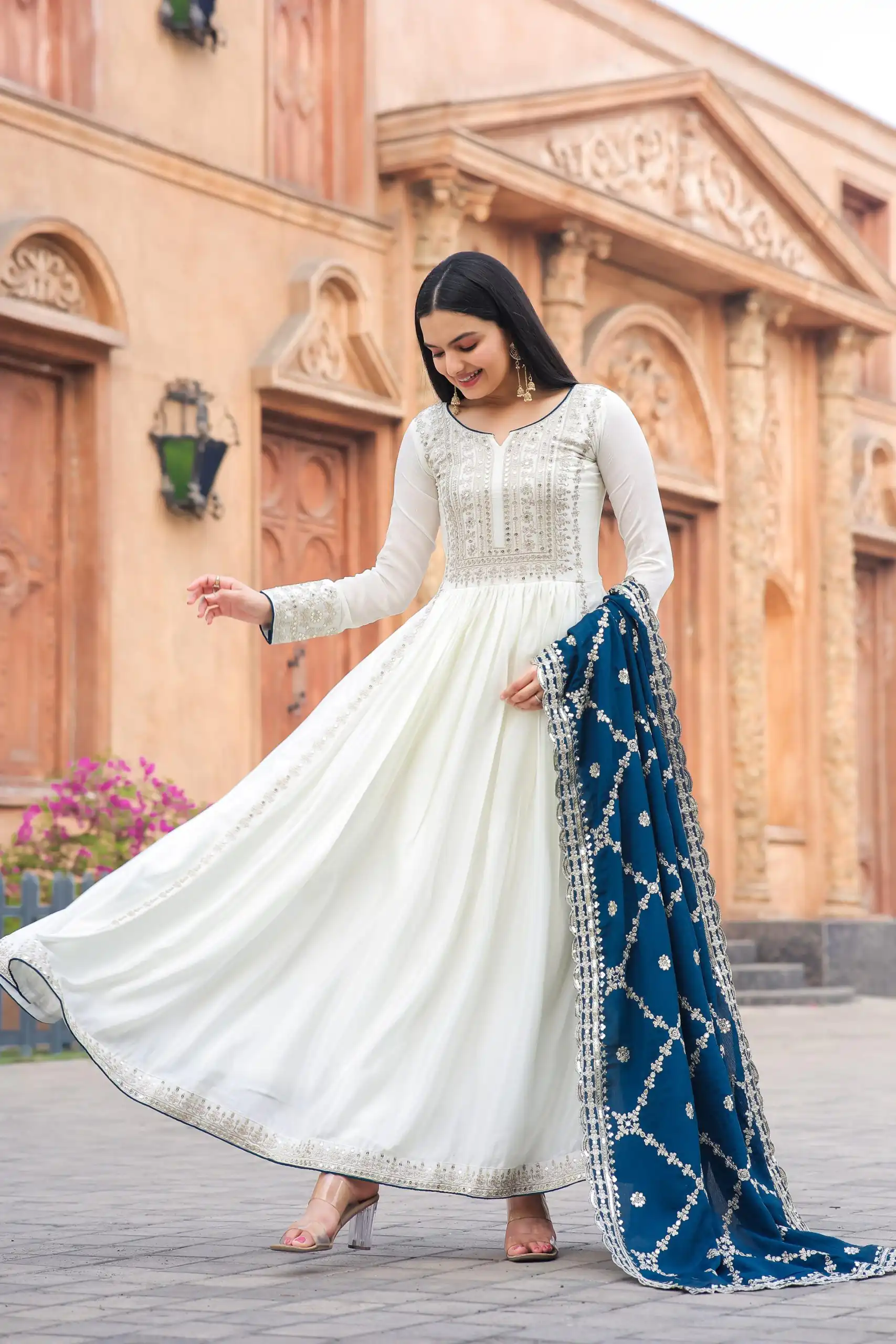 AD157 White & Blue Color Chinon Silk Embroidery Sequence Salwar Suit Wedding, Party, Festive, Events Expected Delivery 4-6 Working Days @ 2099/- | Casual Suits, Creative suits, Designer Suits, Palazzo Suits, Party Wear Suits, Patiala Suits, Salwar suit, Straight Suits